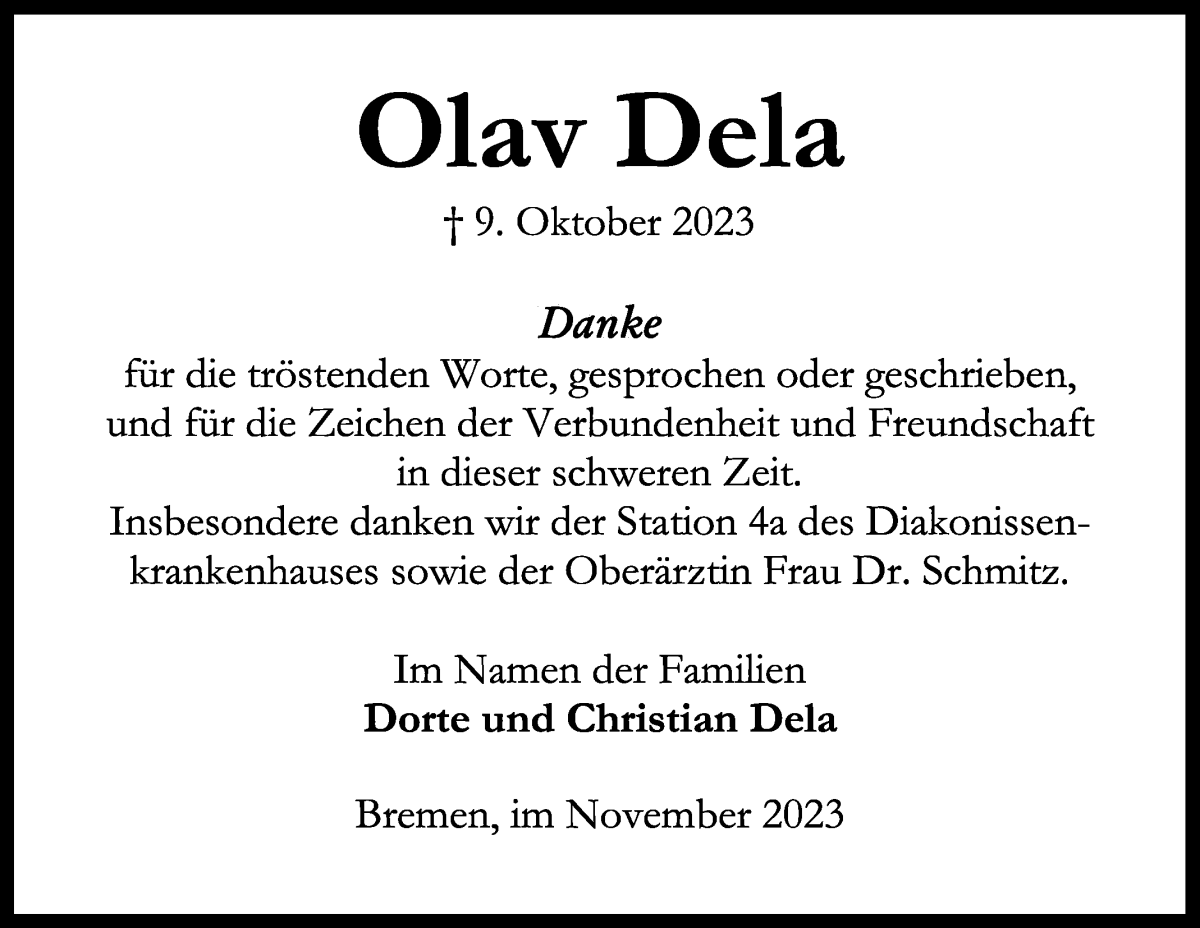 Traueranzeige von Olav Dela von WESER-KURIER