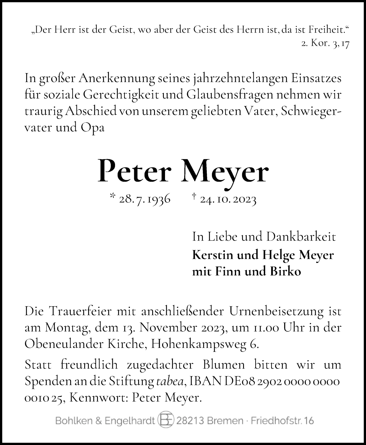 Traueranzeige von Peter Meyer von WESER-KURIER