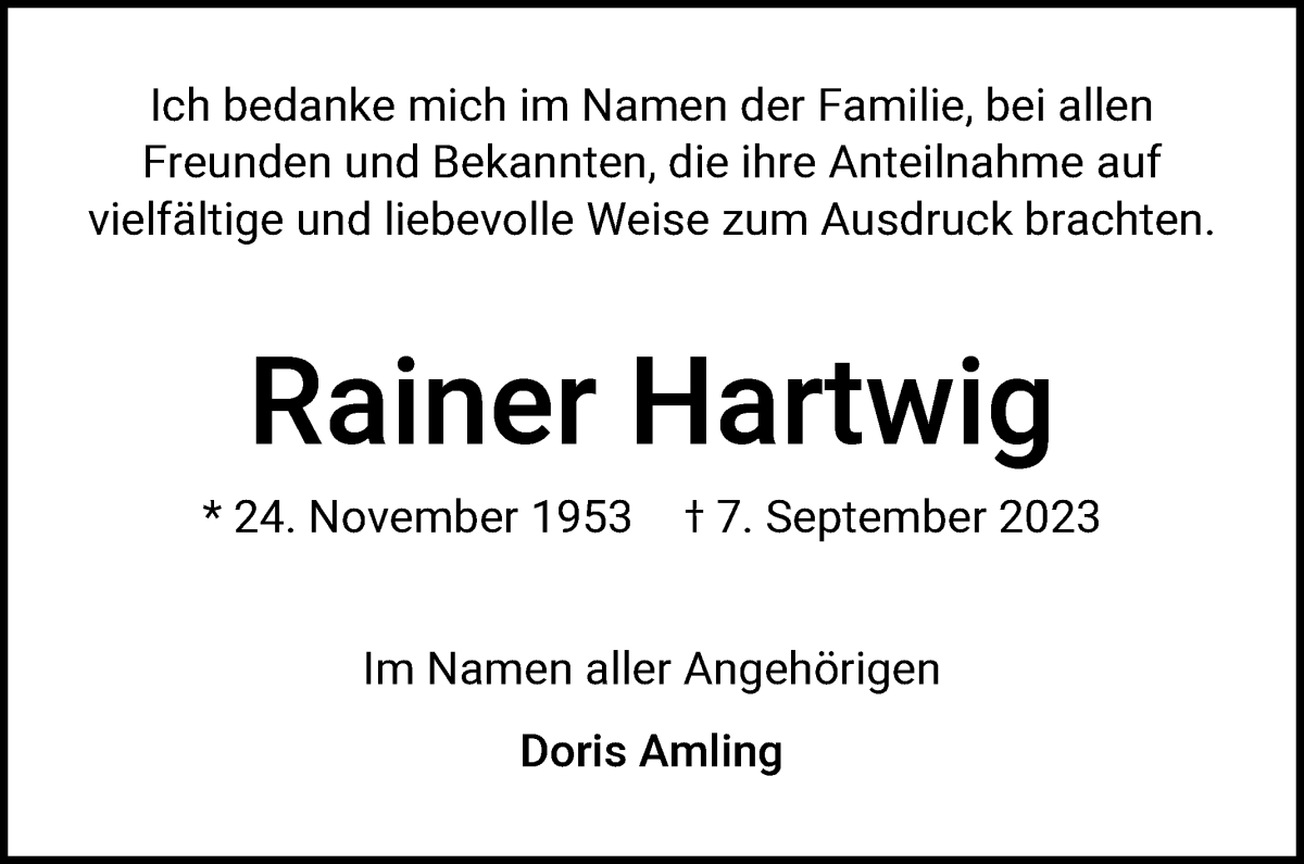 Traueranzeige von Rainer Hartwig von WESER-KURIER