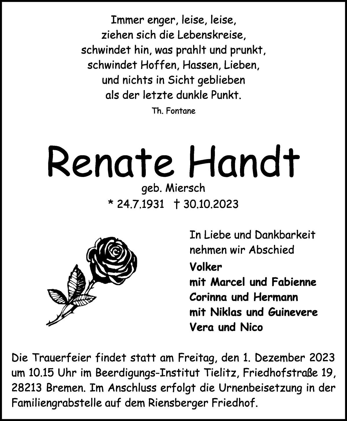 Traueranzeige von Renate Handt von WESER-KURIER