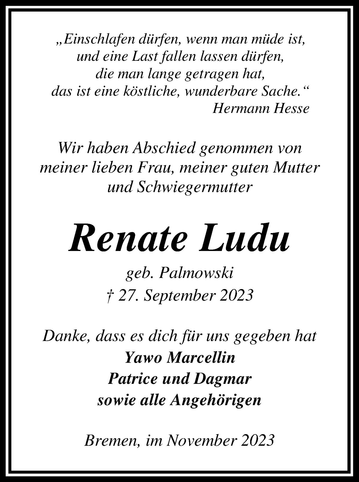 Traueranzeige von Renate Ludu von WESER-KURIER