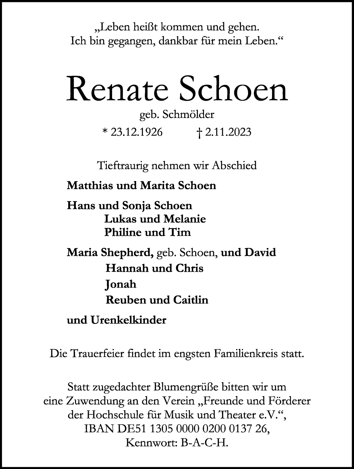 Traueranzeige von Renate Schoen von WESER-KURIER