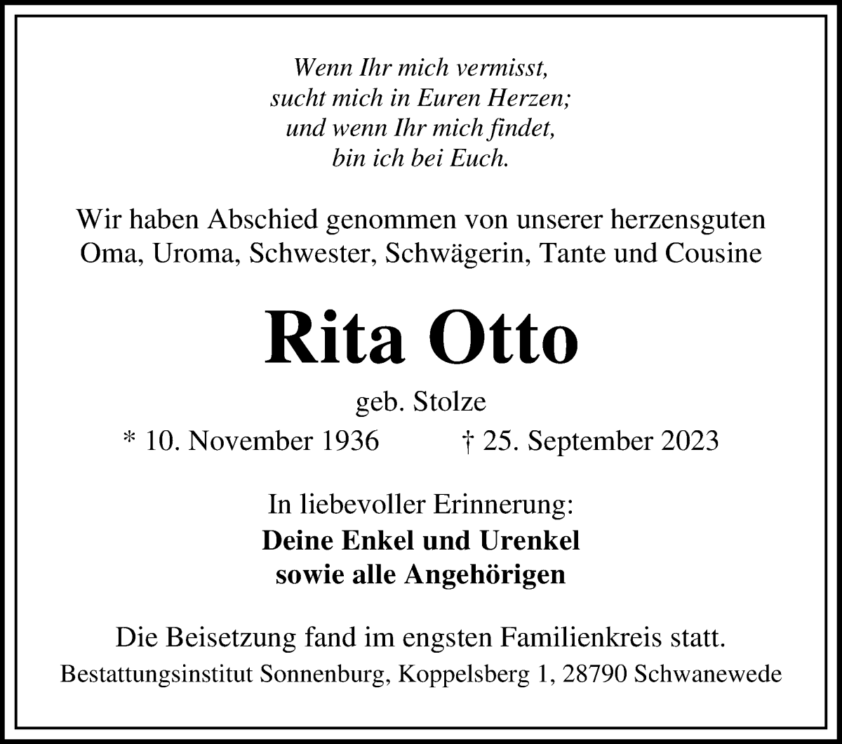 Traueranzeige von Rita Otto von Die Norddeutsche