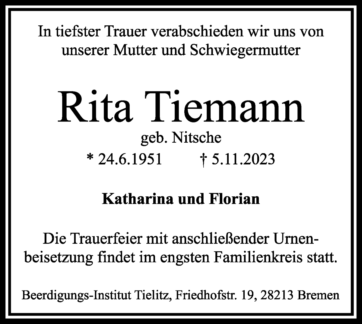 Traueranzeige von Rita Tiemann von WESER-KURIER