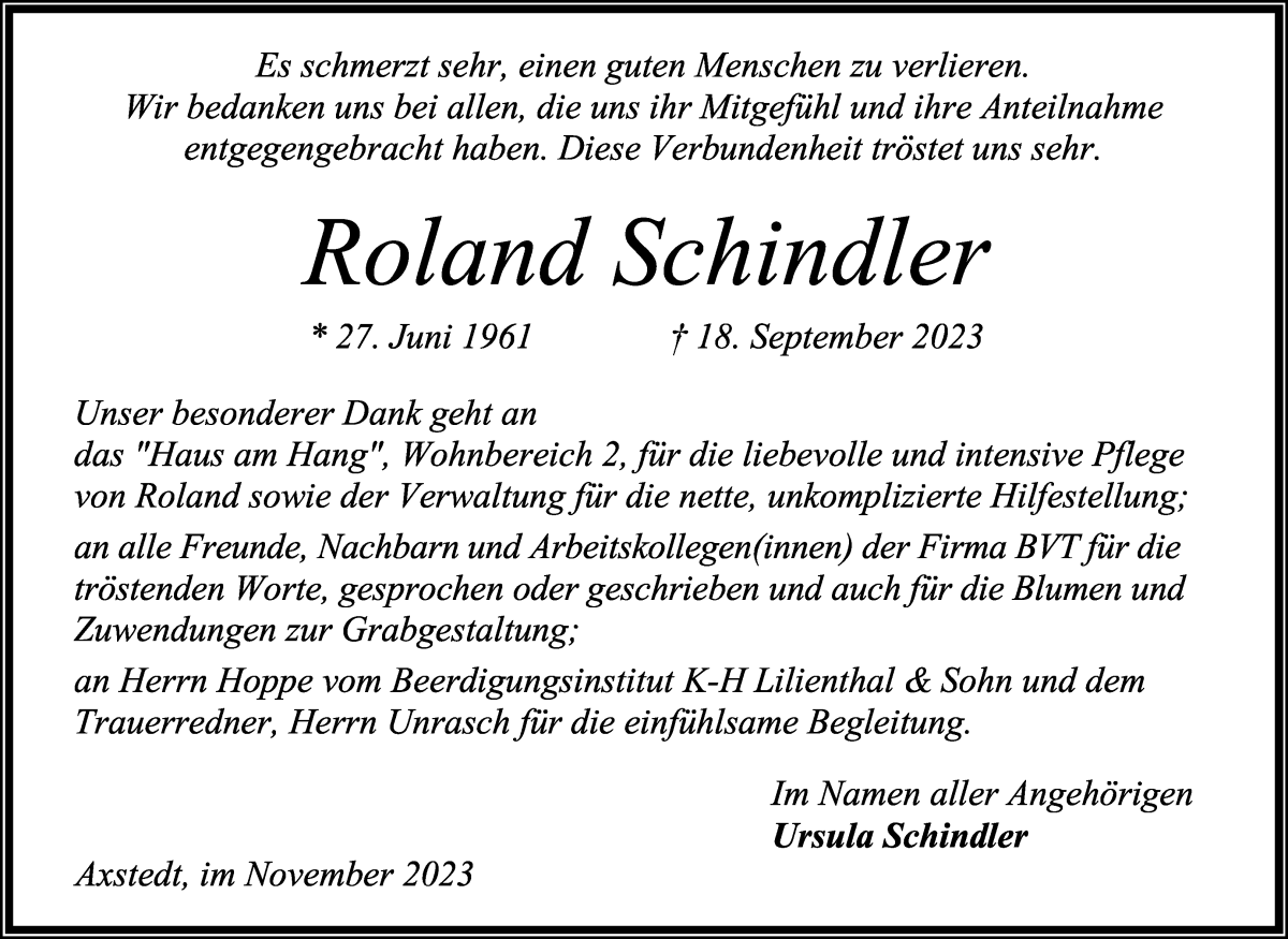 Traueranzeige von Roland Schindler von Osterholzer Kreisblatt