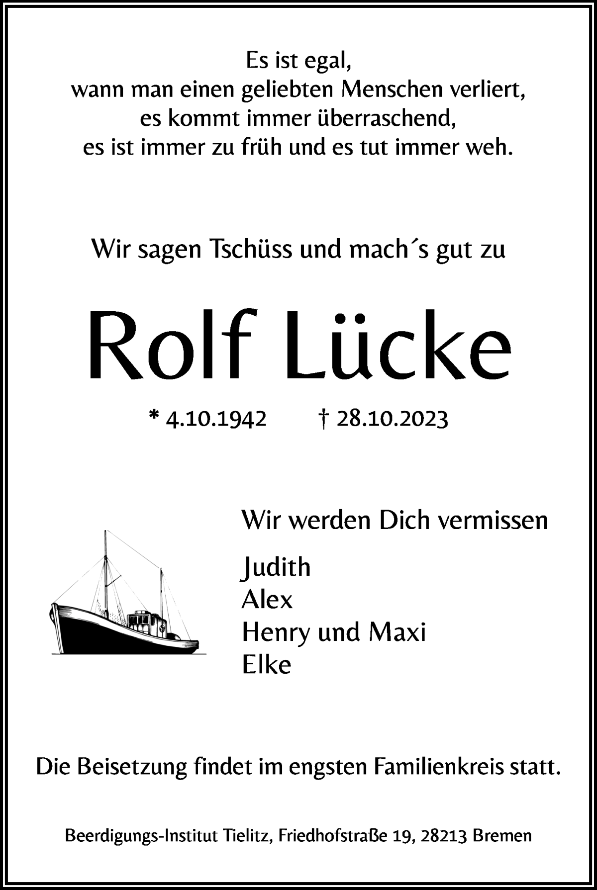 Traueranzeige von Rolf Lücke von WESER-KURIER