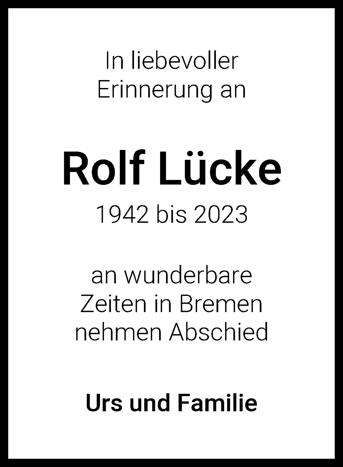 Traueranzeige von Rolf Lücke von WESER-KURIER