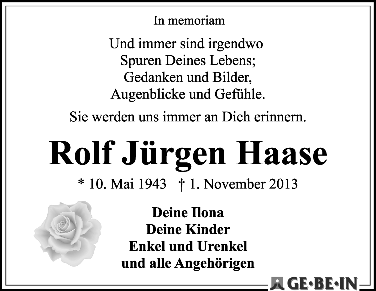 Traueranzeige von Rolf Jürgen Haase von WESER-KURIER