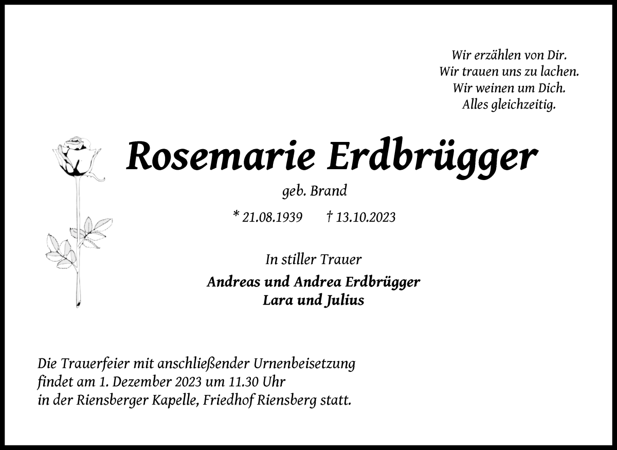 Traueranzeige von Rosemarie Erdbrügger von WESER-KURIER