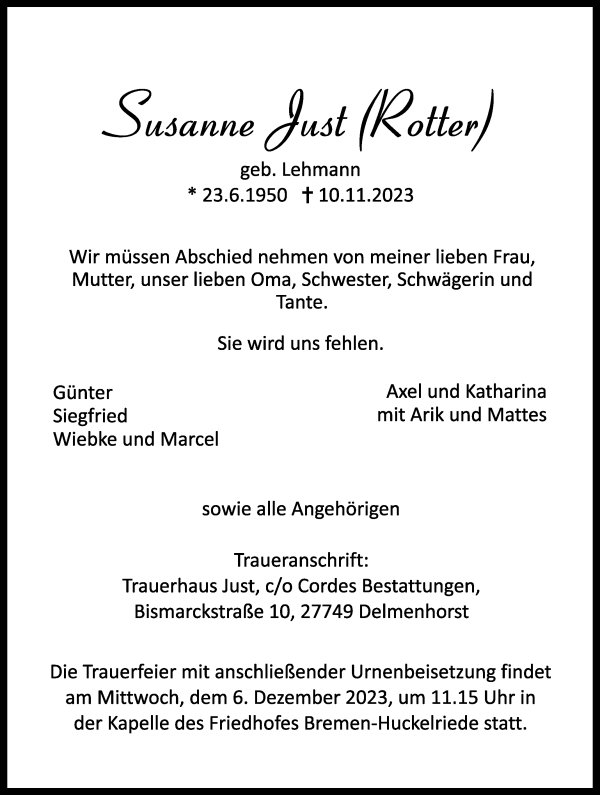 Traueranzeige von Susanne Just von WESER-KURIER