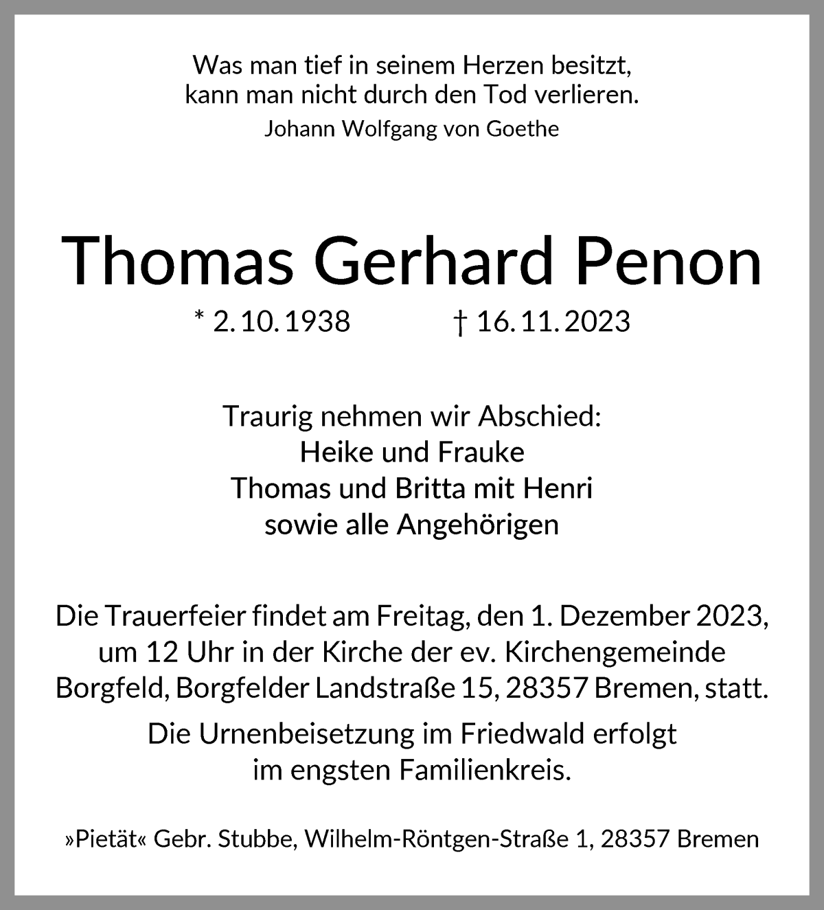 Traueranzeige von Thomas Gerhard Penon von WESER-KURIER