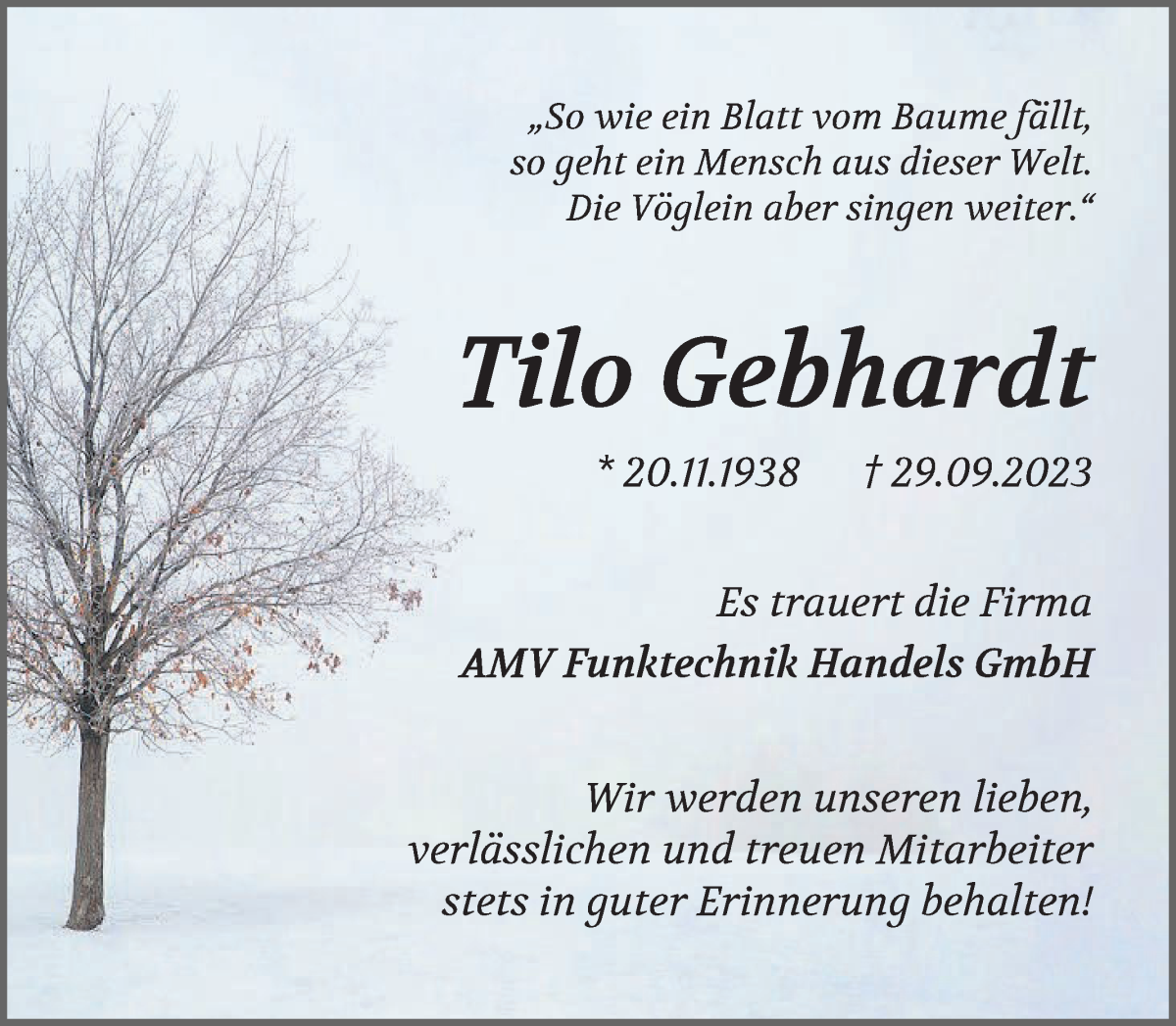 Traueranzeige von Tilo Gebhardt von WESER-KURIER