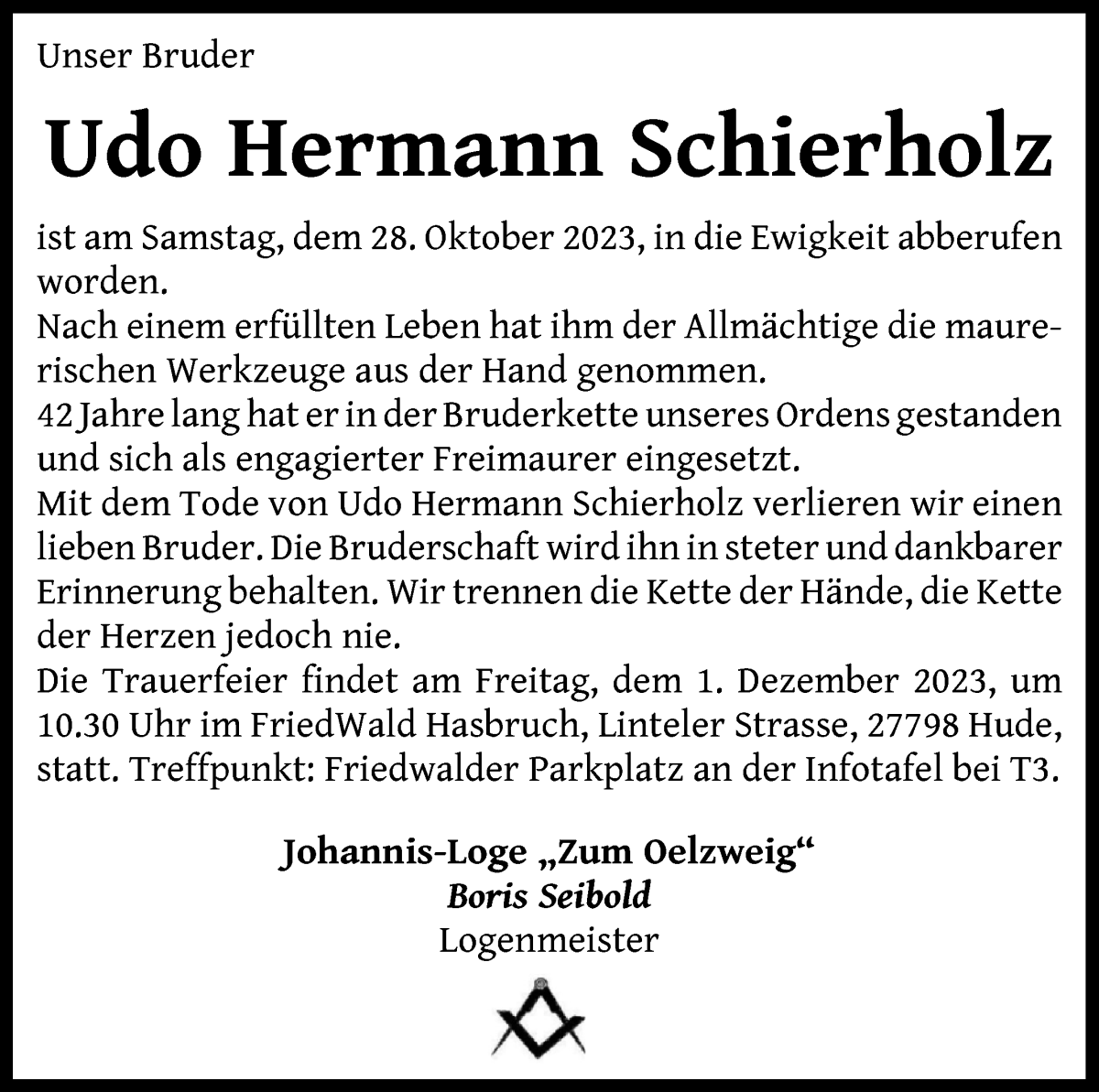 Traueranzeige von Udo Herrmann Schierholz von WESER-KURIER