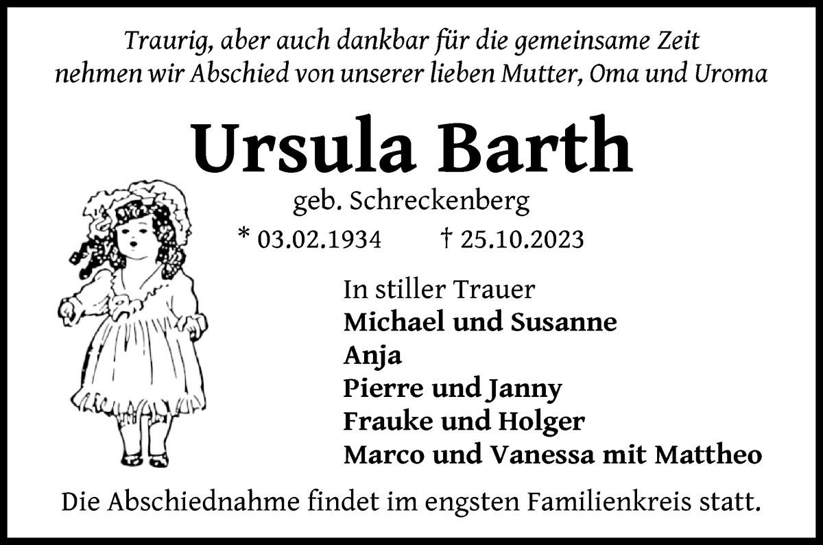 Traueranzeige von Ursula Barth von WESER-KURIER