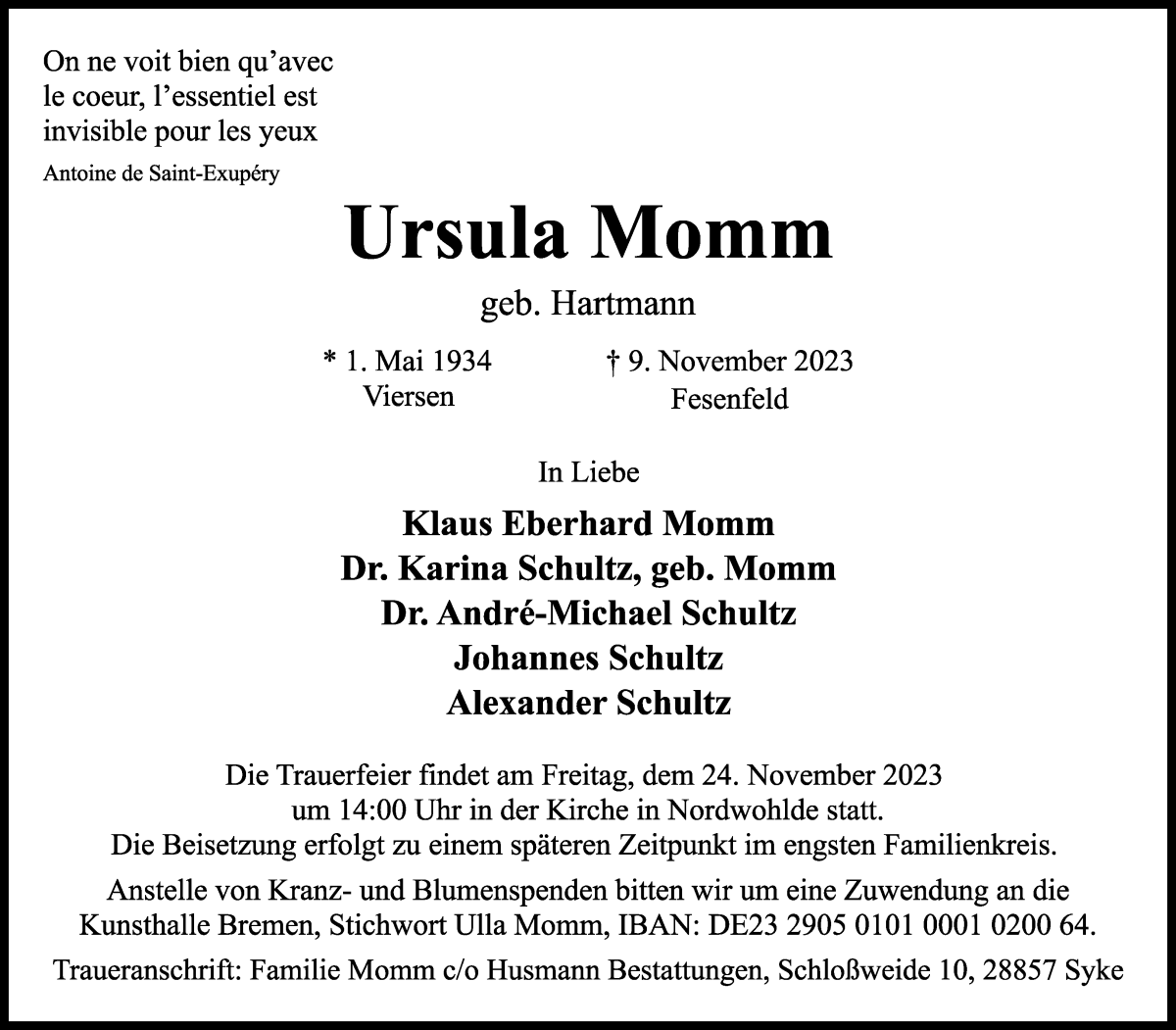 Traueranzeige von Ursula Momm von WESER-KURIER