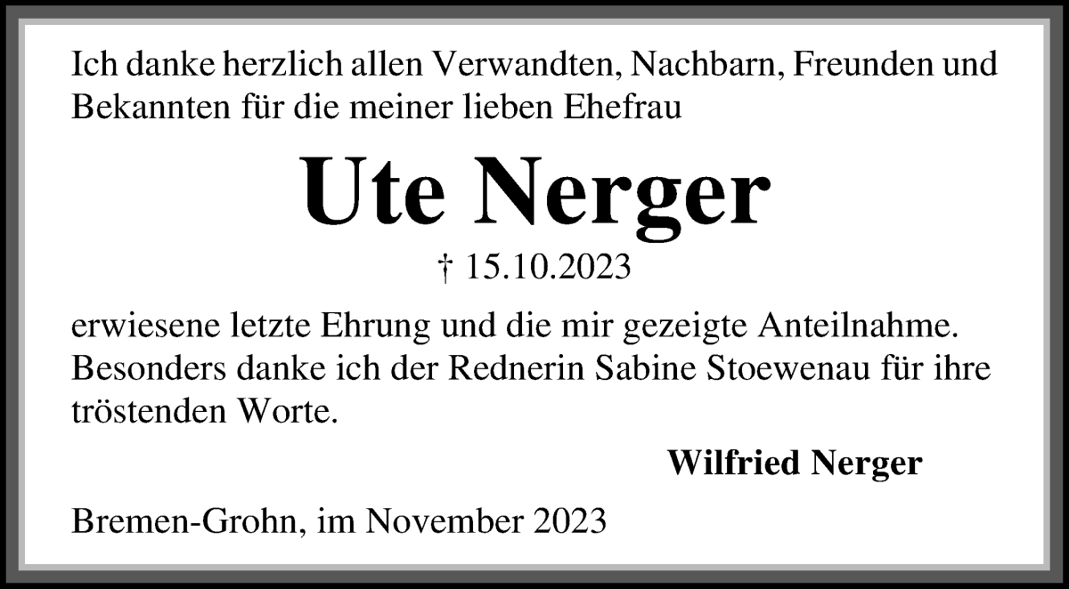 Traueranzeige von Ute Nerger von Die Norddeutsche