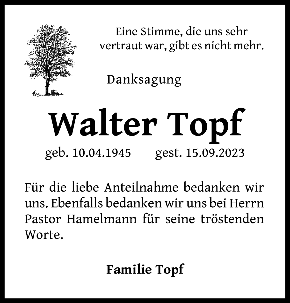 Traueranzeige von Wakter Topf von WESER-KURIER