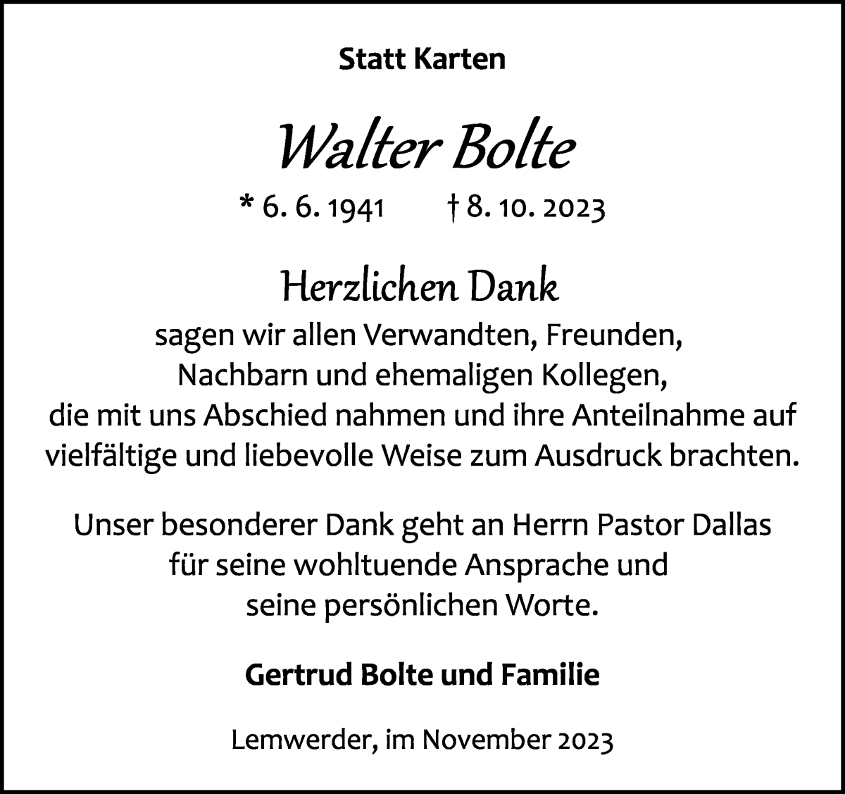 Traueranzeige von Walter Bolte von Die Norddeutsche
