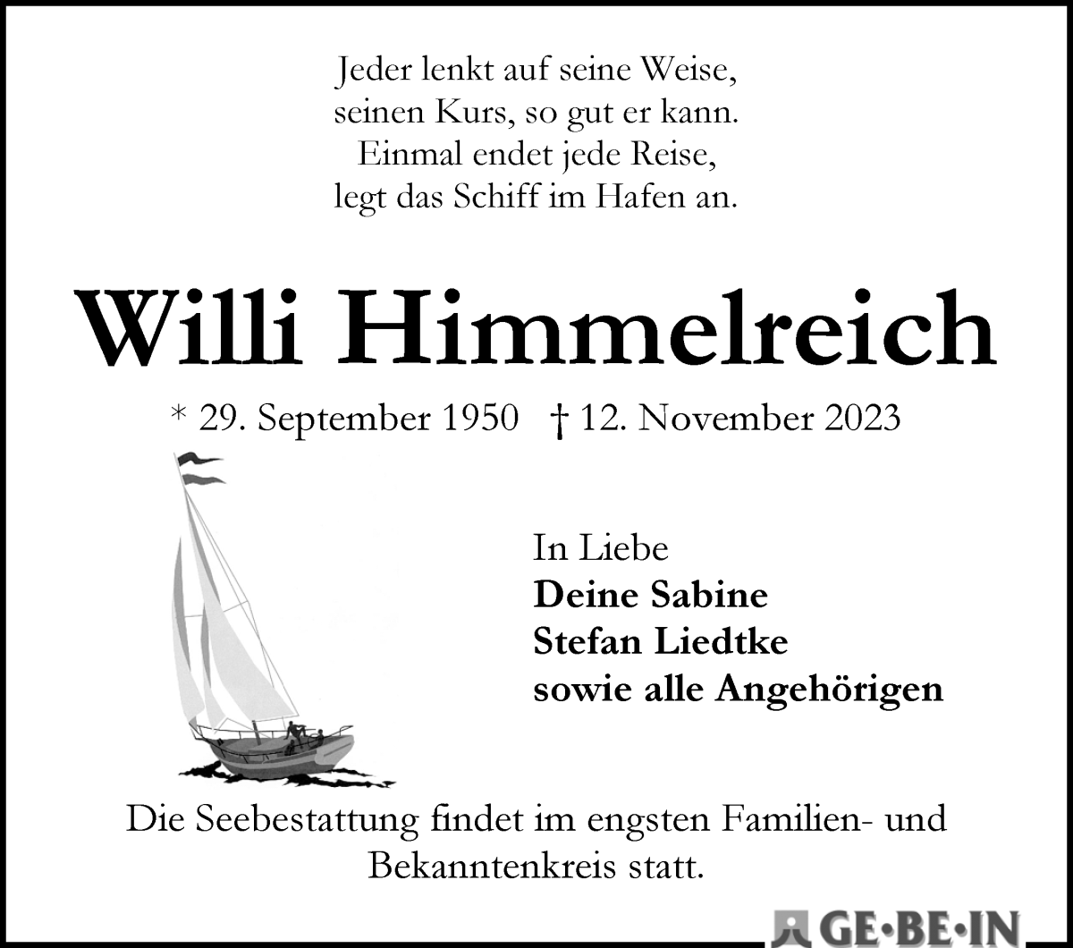 Traueranzeige von Willi Himmelreich von WESER-KURIER