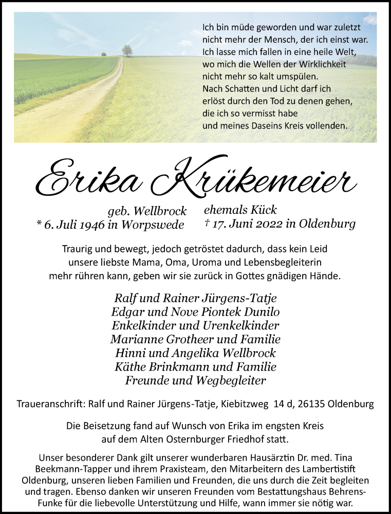 Traueranzeige von Erika Krükemeier von Osterholzer Kreisblatt