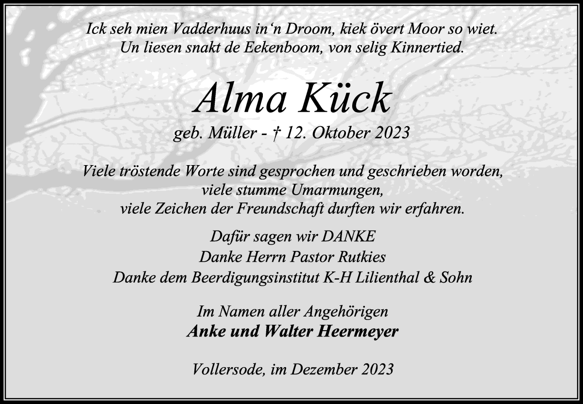 Traueranzeige von Alma Kück von Osterholzer Kreisblatt