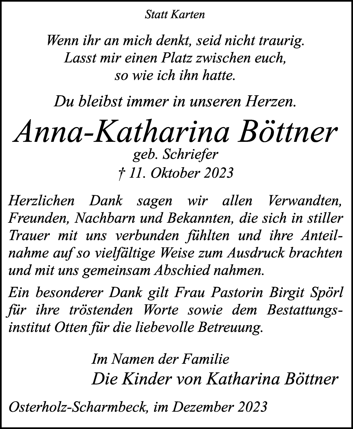 Traueranzeige von Anna-Katharina Böttner von Osterholzer Kreisblatt