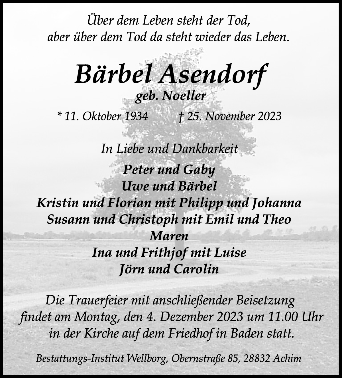 Traueranzeige von Bärbel Asendorf von WESER-KURIER