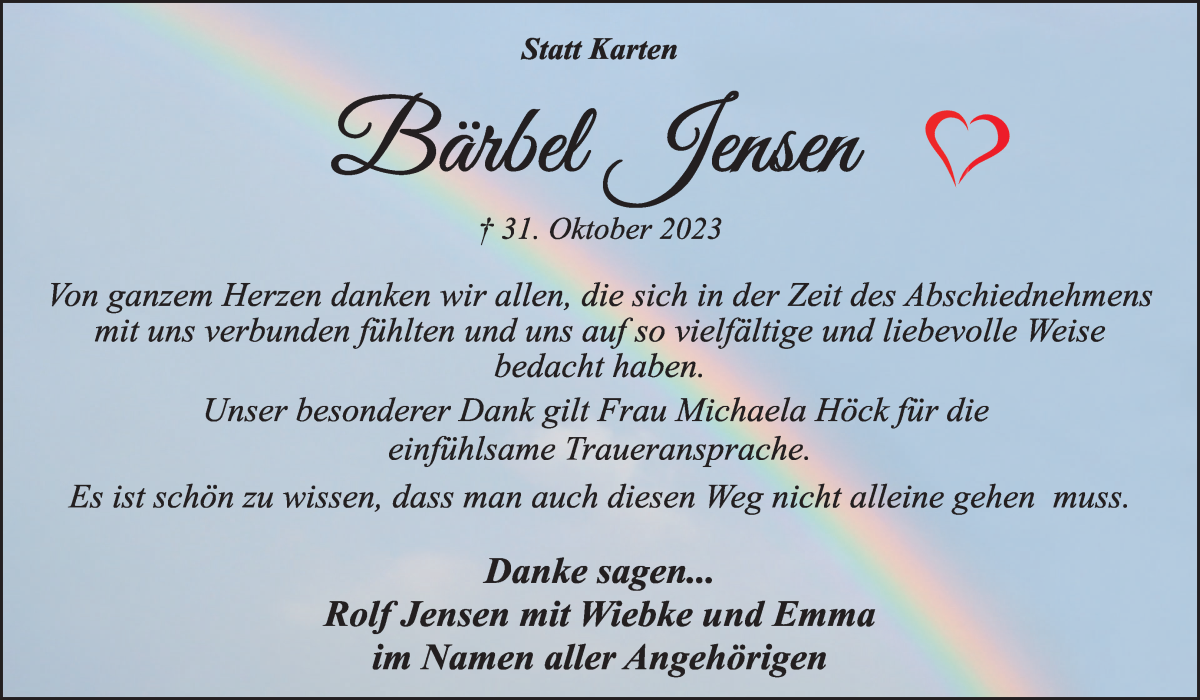 Traueranzeige von Bärbel Jensen von Achimer Kurier/Verdener Nachrichten