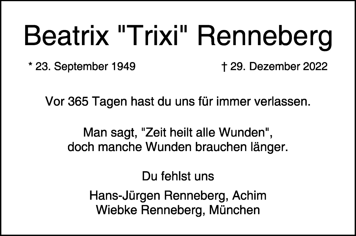 Traueranzeige von Beatrix Renneberg von WESER-KURIER
