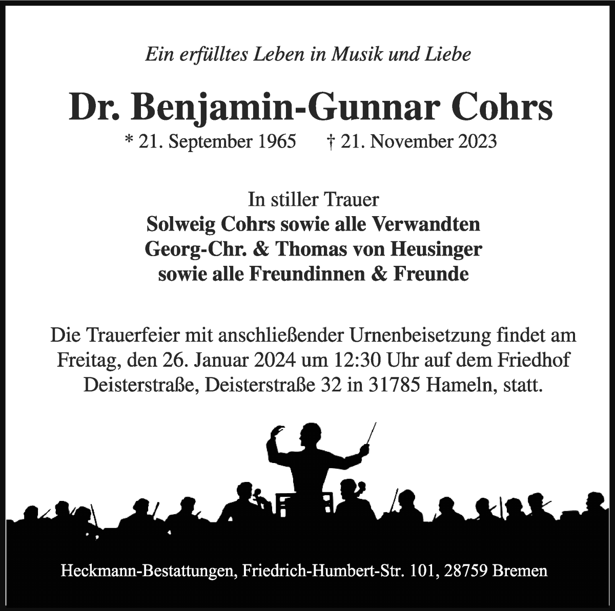 Traueranzeige von Benjamin-Gunnar Cohrs von WESER-KURIER