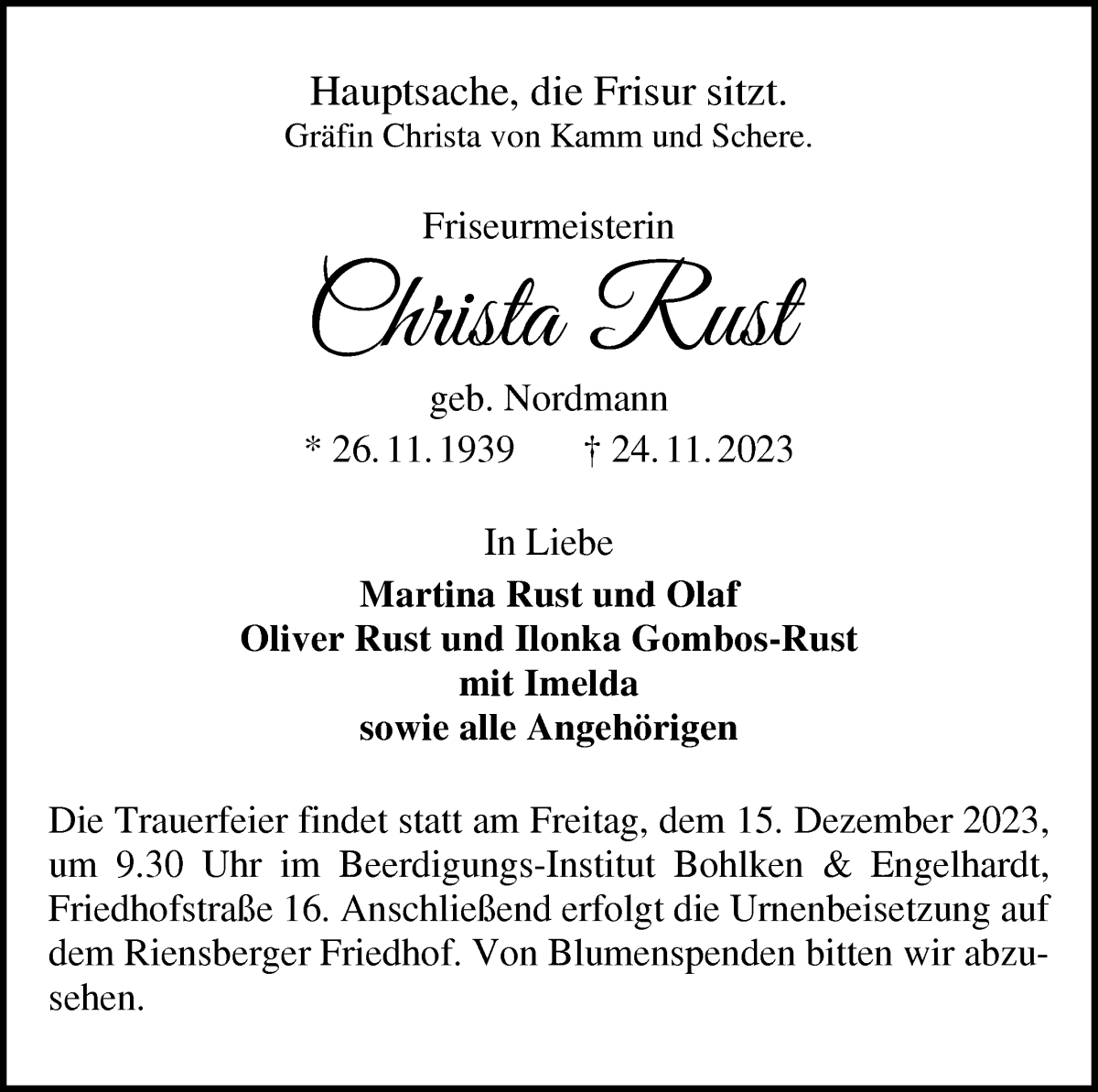 Traueranzeige von Christa Rust von WESER-KURIER