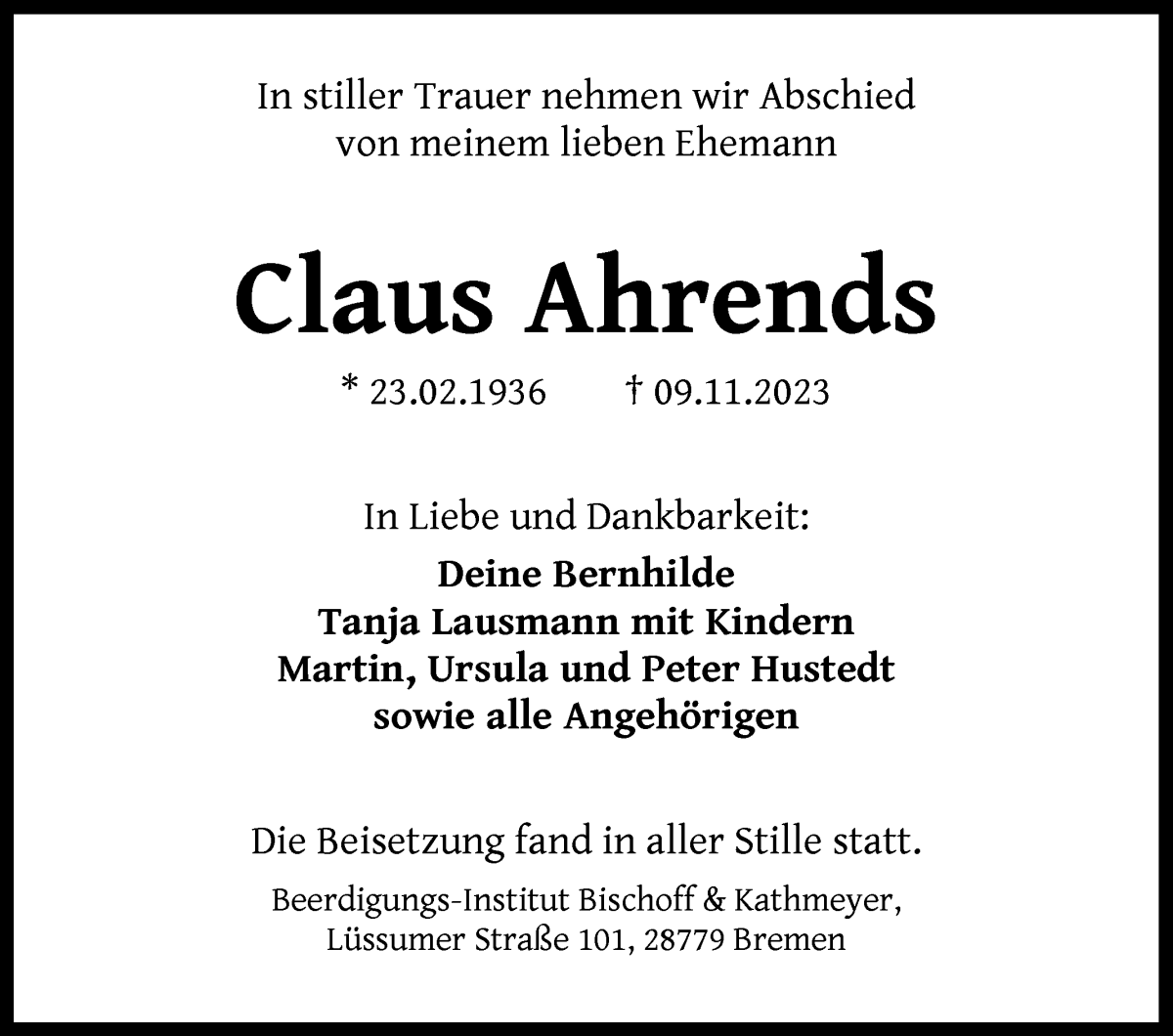 Traueranzeige von Claus Ahrends von Die Norddeutsche
