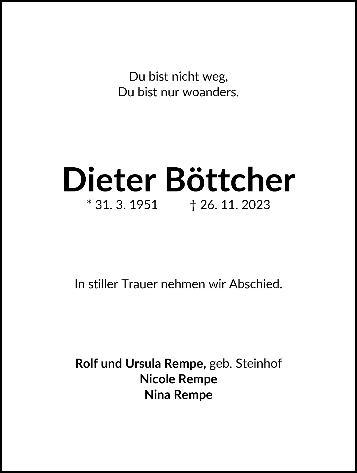 Traueranzeige von Dieter Böttcher von WESER-KURIER
