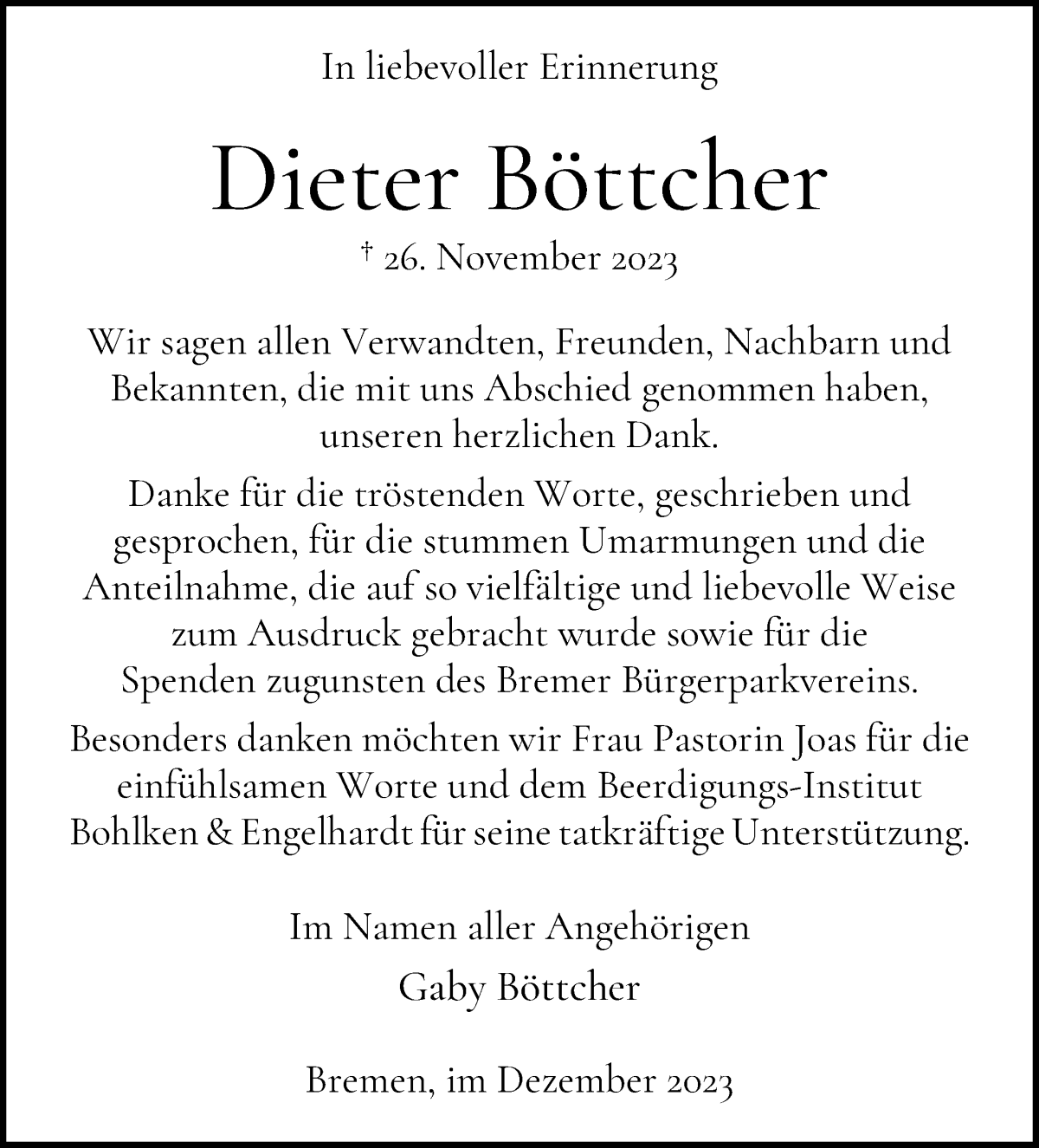 Traueranzeige von Dieter Böttcher von WESER-KURIER