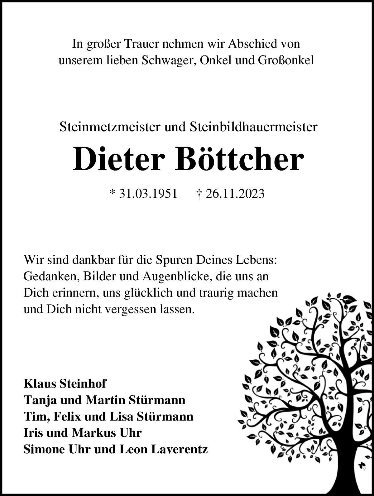 Traueranzeige von Dieter Böttcher von WESER-KURIER