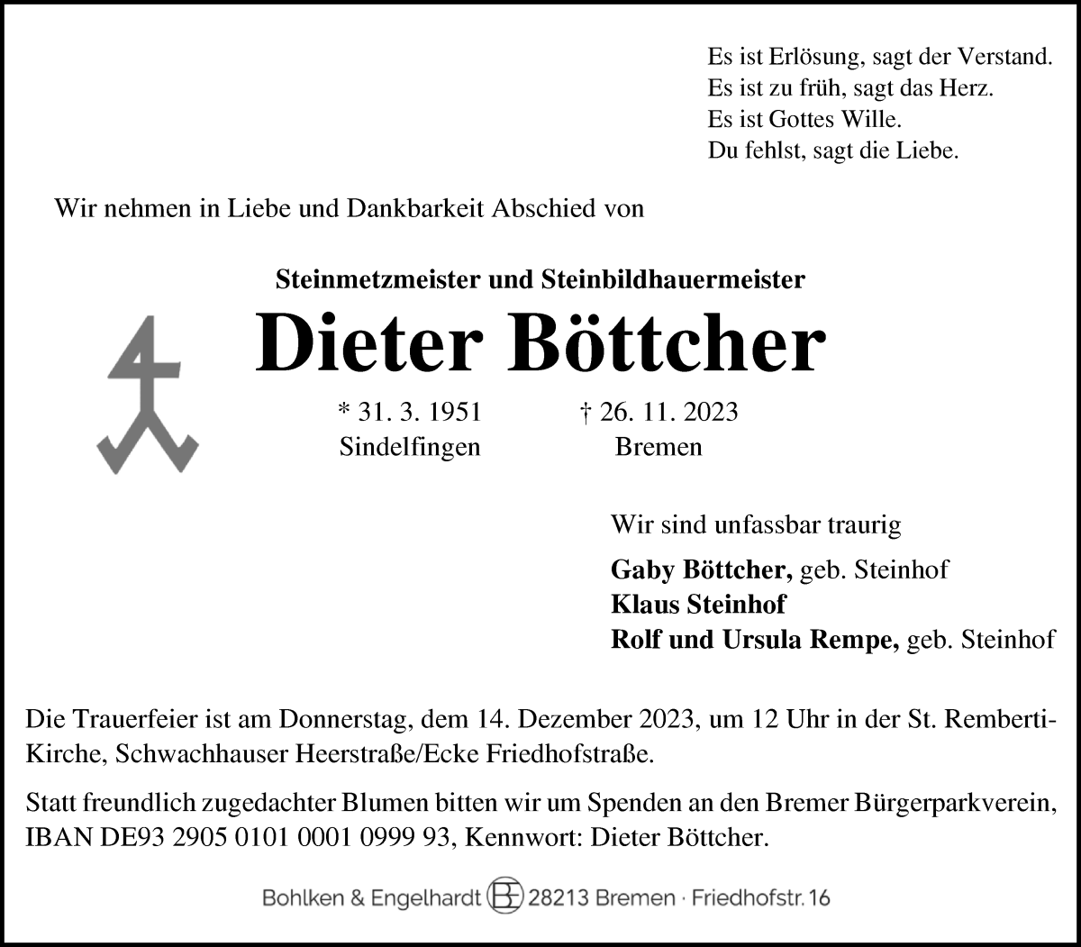 Traueranzeige von Dieter Böttcher von WESER-KURIER