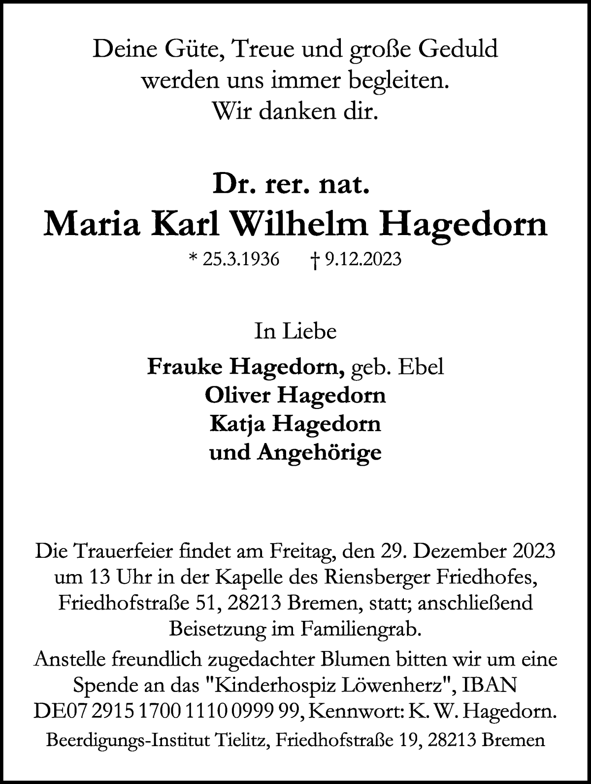 Traueranzeige von Dr. rer. nat. Maria Karl Wilhelm Hagedorn von WESER-KURIER