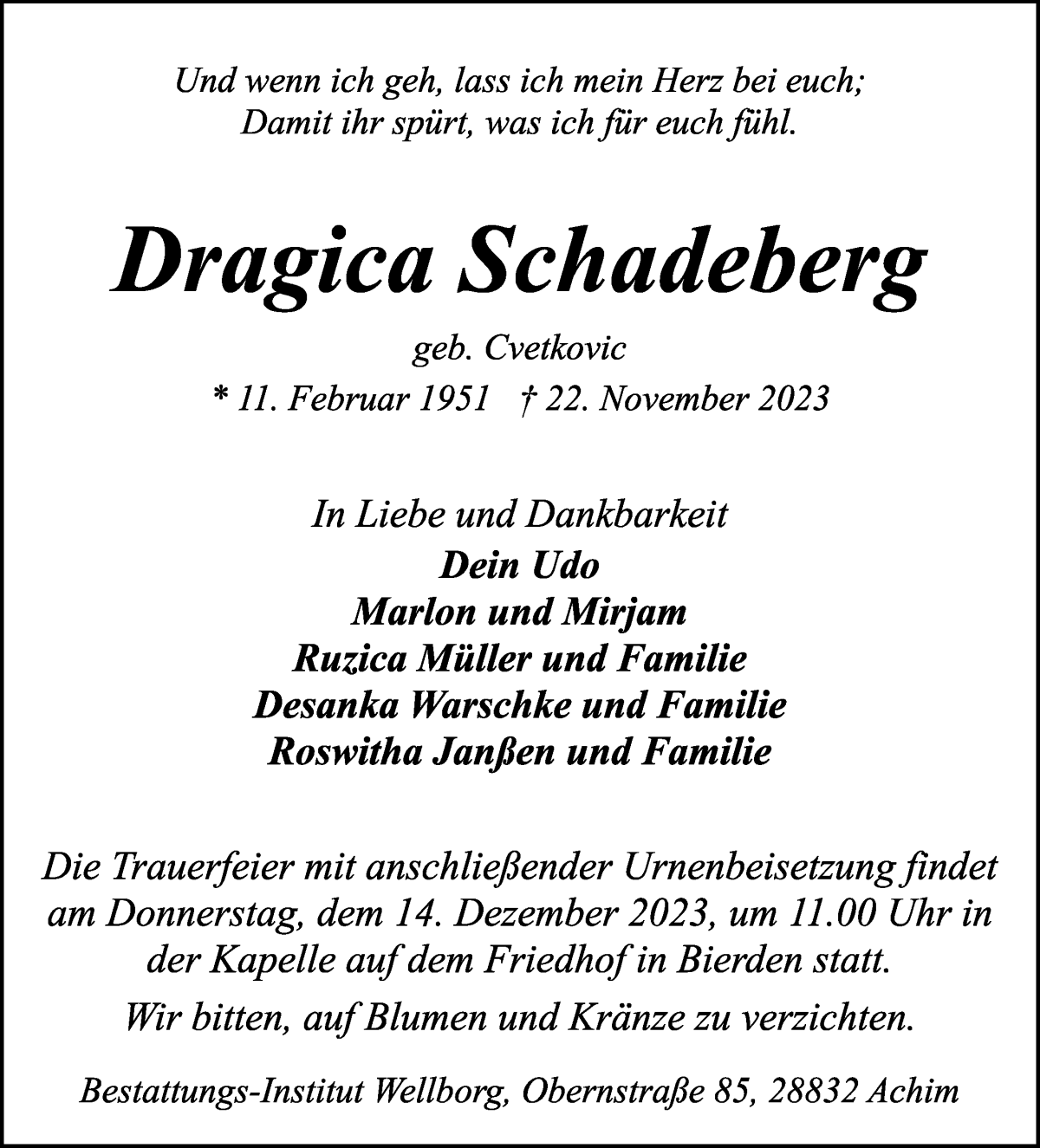 Traueranzeige von Dragica Schadeberg von WESER-KURIER
