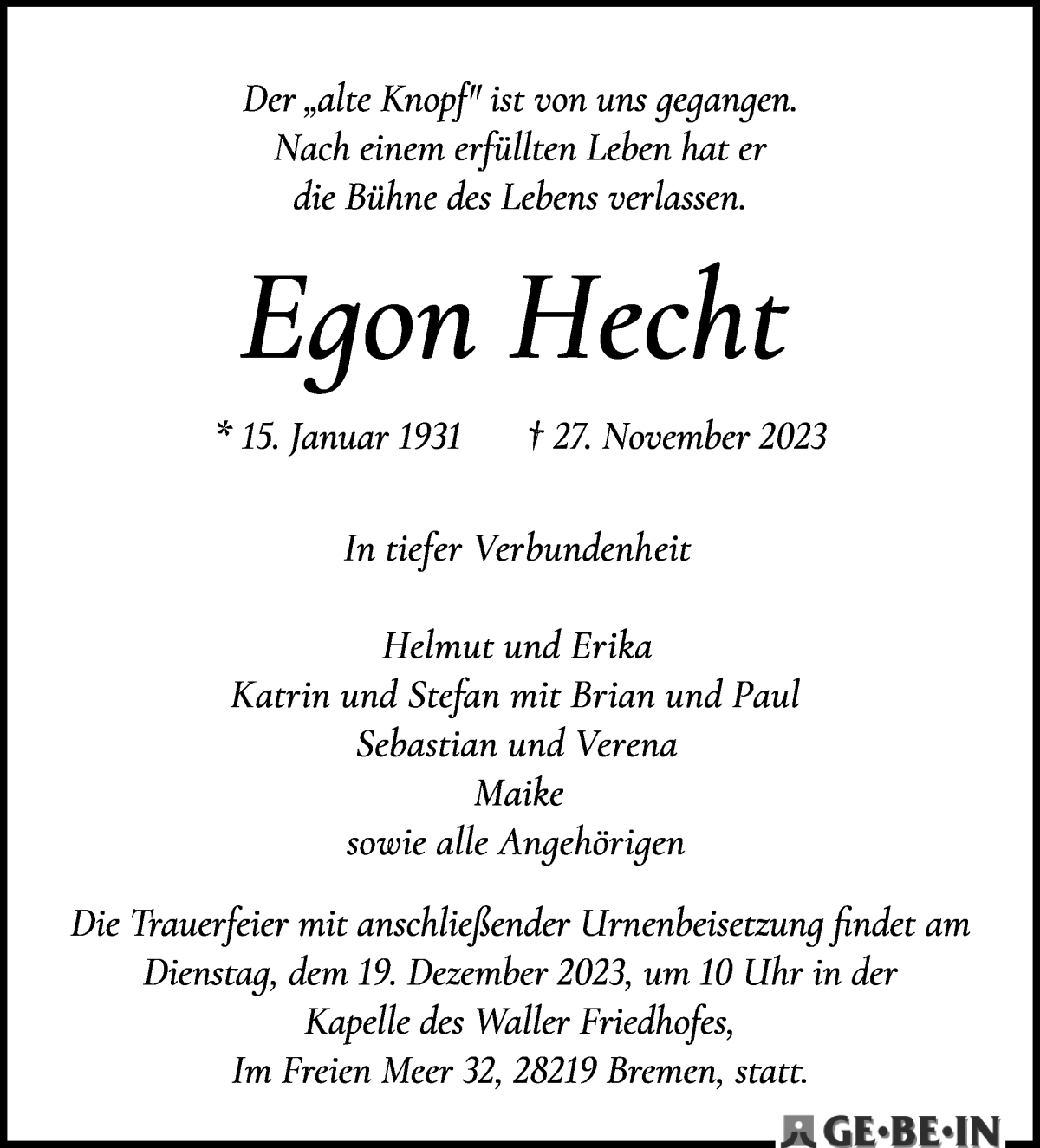 Traueranzeige von Egon Hecht von WESER-KURIER
