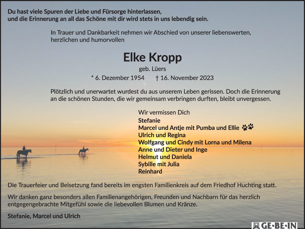 Traueranzeige von Elke Kropp von WESER-KURIER