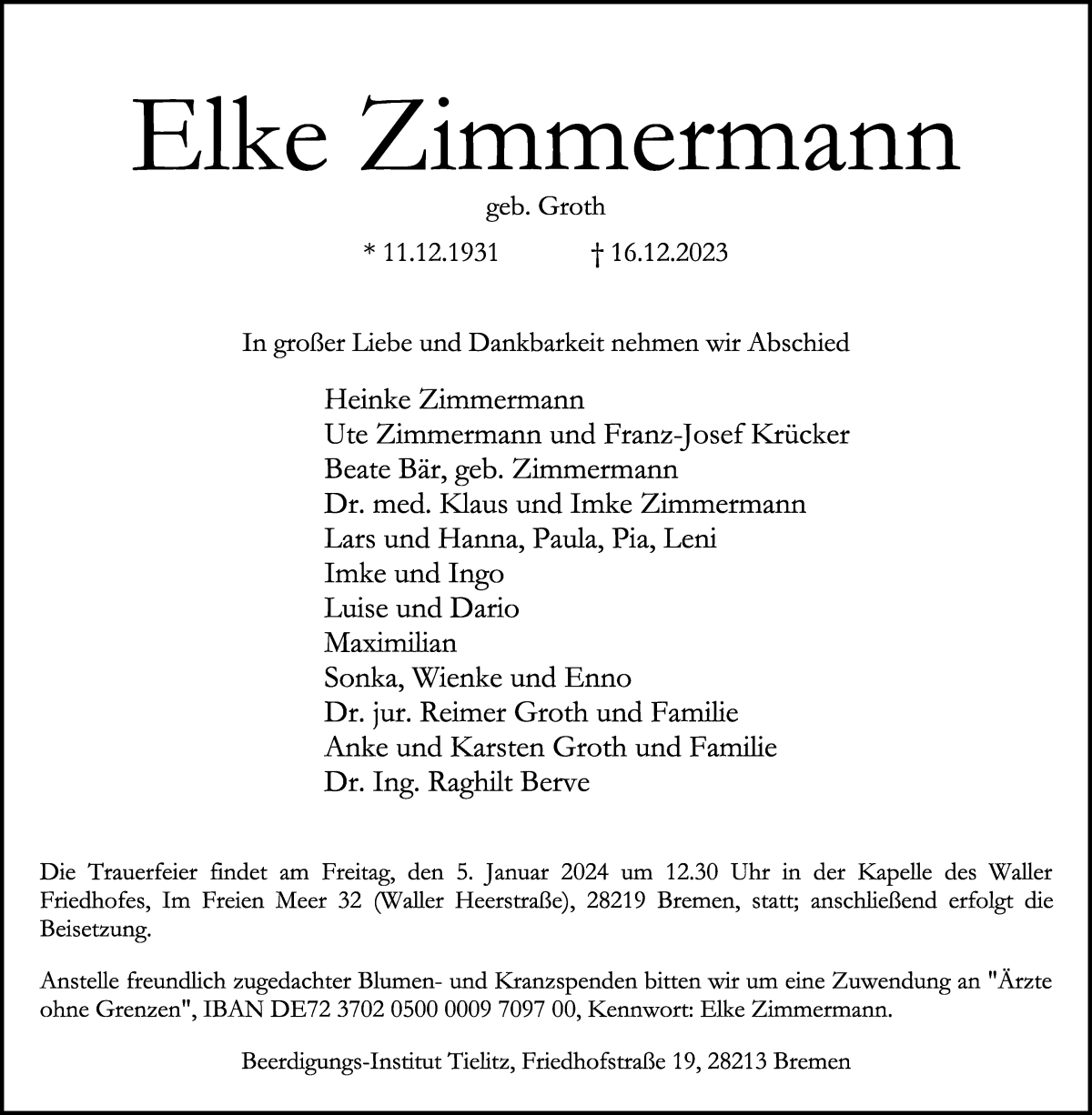 Traueranzeige von Elke Zimmermann von WESER-KURIER