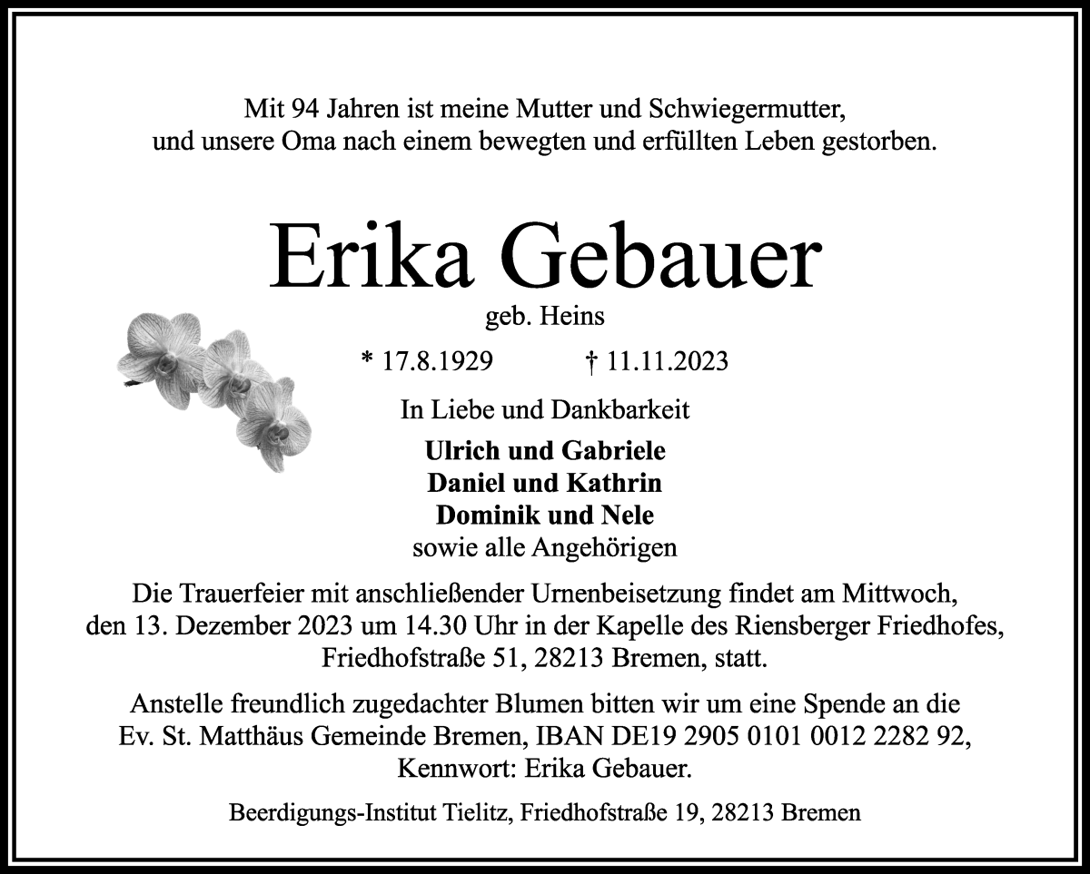 Traueranzeige von Erika Gebauer von WESER-KURIER