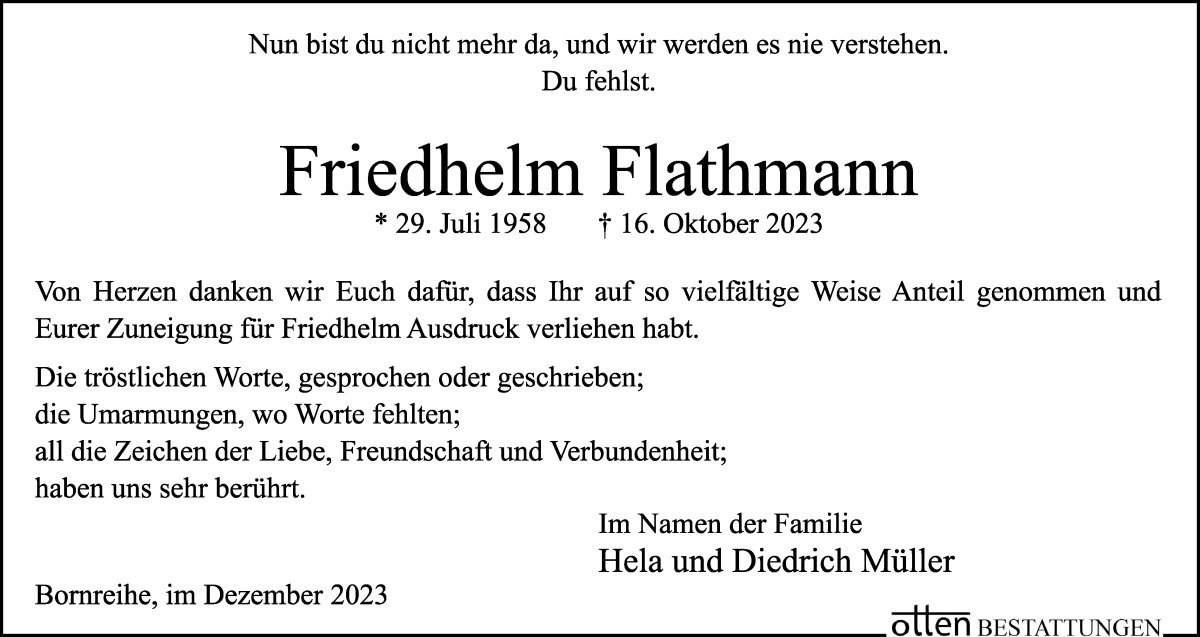 Traueranzeige von Friedhelm Flathmann von Osterholzer Kreisblatt
