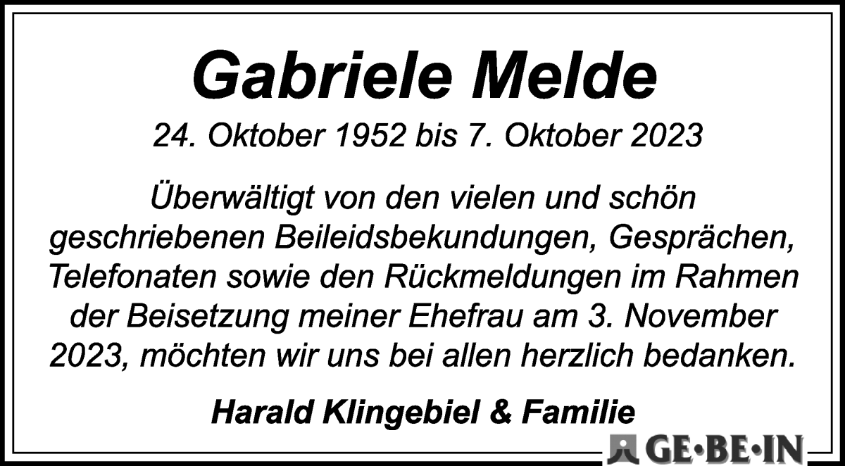 Traueranzeige von Gabriele Melde von WESER-KURIER