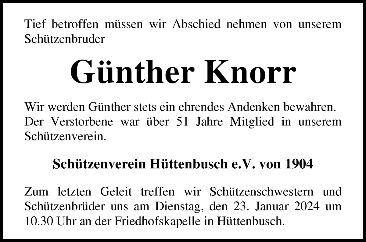 Traueranzeige von Günther Knorr von Wuemme Zeitung