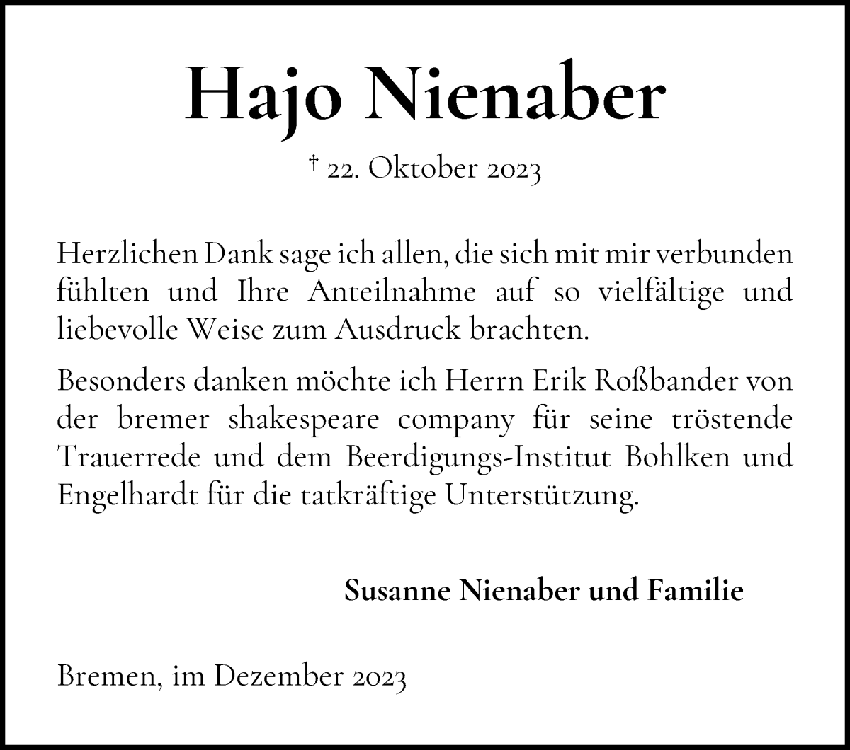 Traueranzeige von Hajo Nienaber von WESER-KURIER