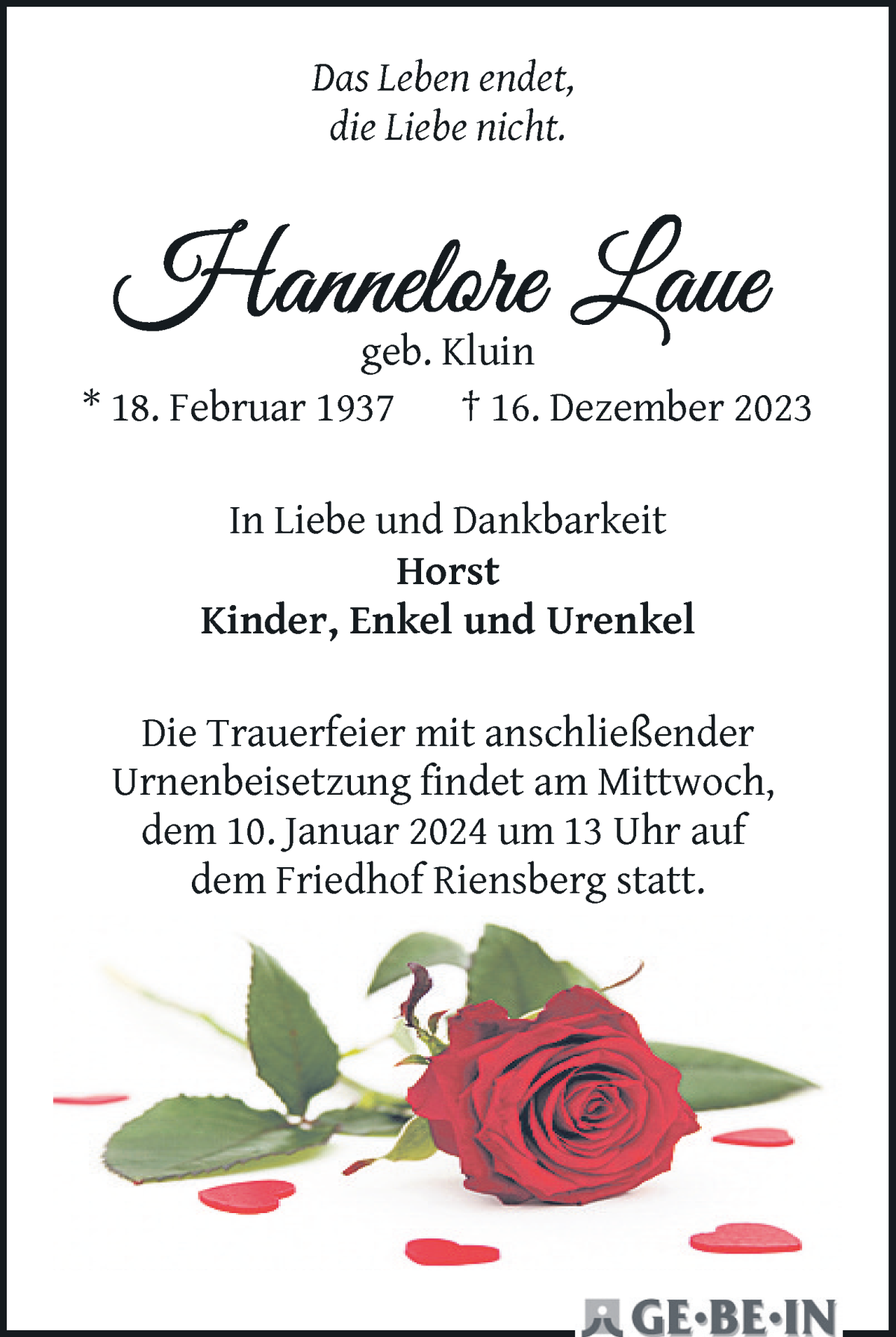 Traueranzeige von Hannelore Laue von WESER-KURIER