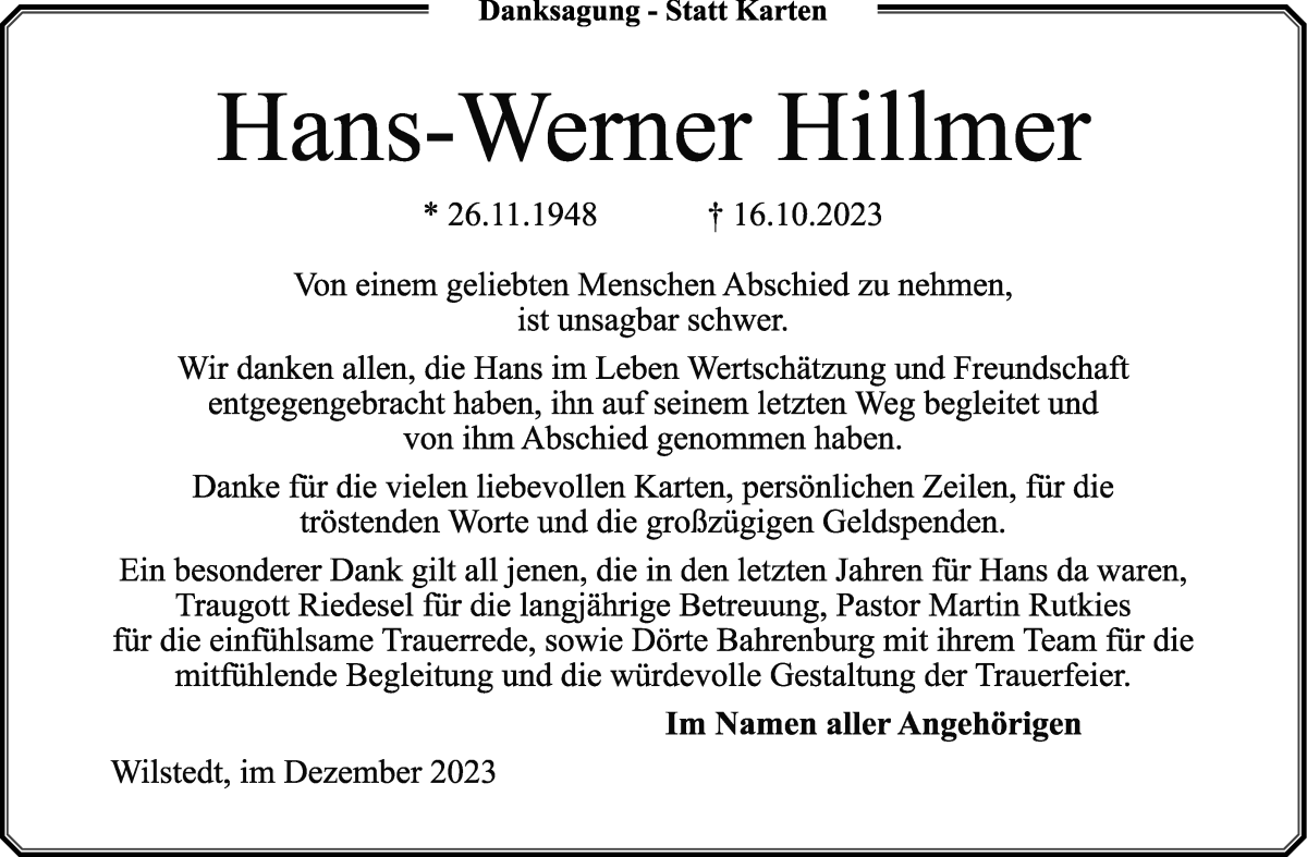 Traueranzeige von Hans-Werner Hillmer von Wuemme Zeitung