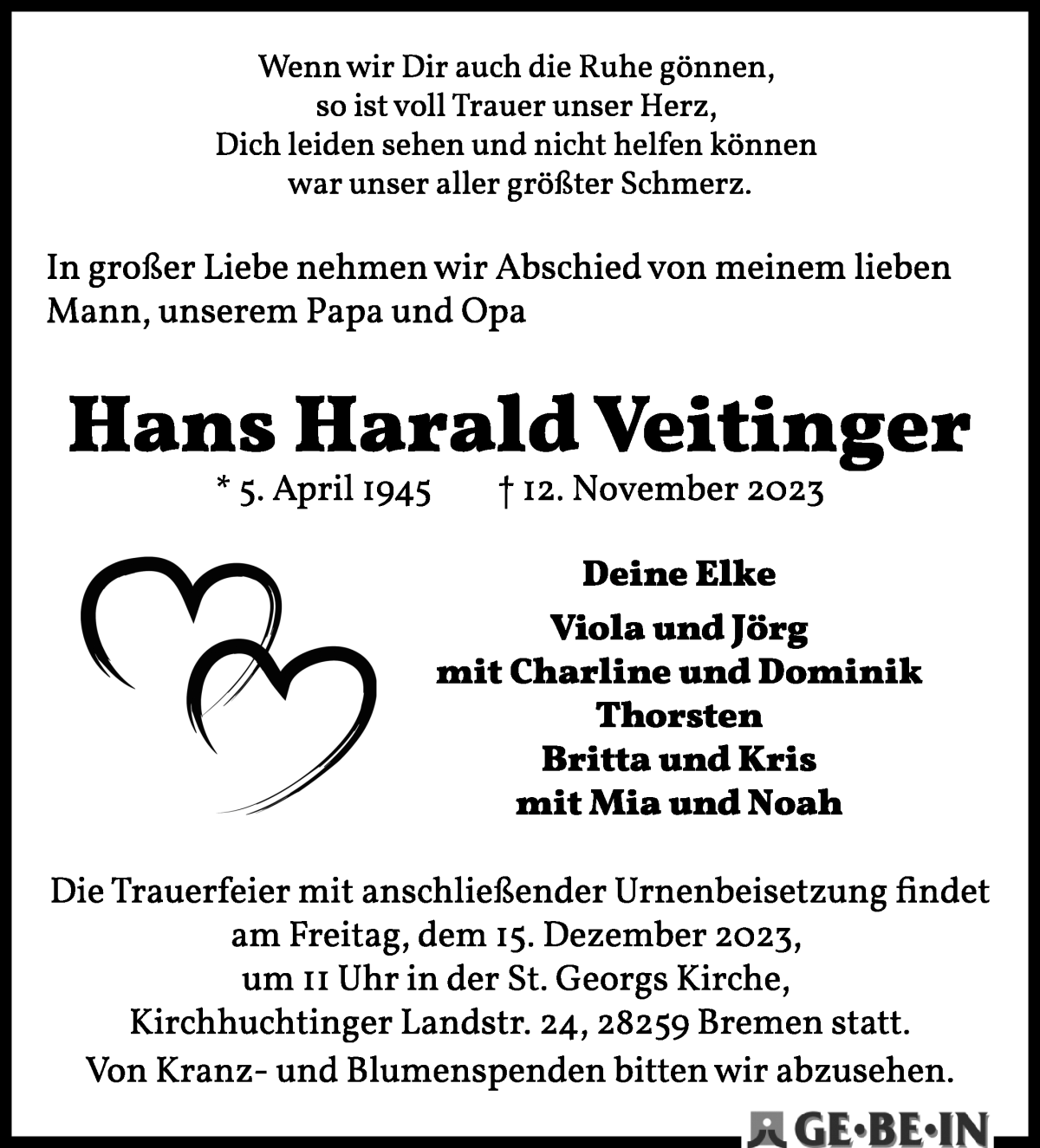 Traueranzeige von Hans Harald Veitinger von WESER-KURIER