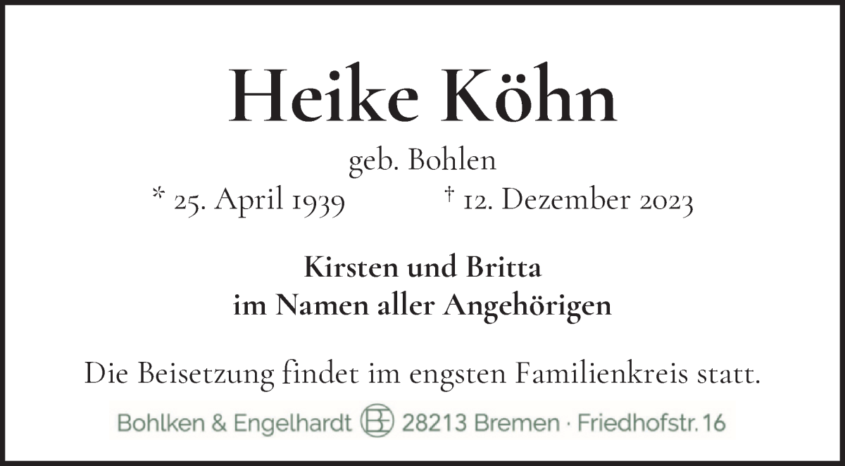 Traueranzeige von Heike Köhn von WESER-KURIER